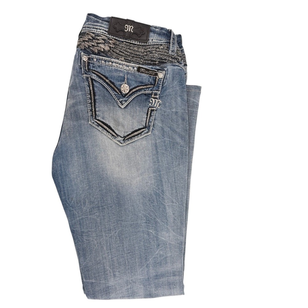 Miss Me Signature Straight Jeans Womens 32 Medium Wash Embellished JE8444TR